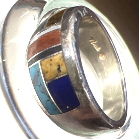 Southwest Sterling Silver Ring 9.5 Inlay Turquoise Lapis MOP Coral Mosaic Signed - Picture 3 of 11